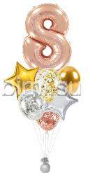 Фонтан из шаров с цифрой Розовое золото, серебро и золото