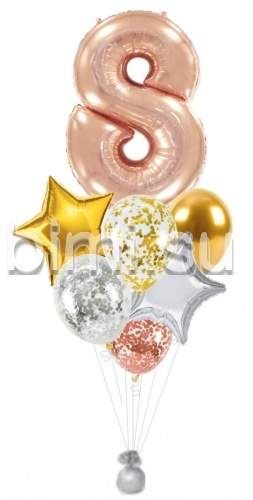 Фонтан из воздушных шаров с цифрой Розовое золото, серебро и золото