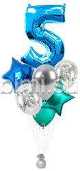 Фонтан из шаров с Синей цифрой, серебром и бирюзовым