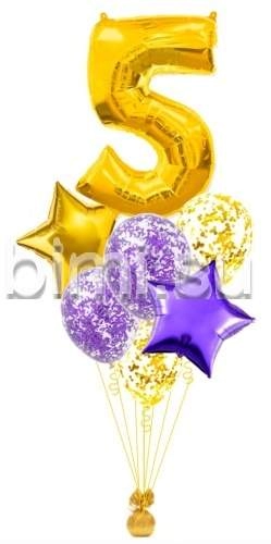 Фонтан из воздушных шаров с Золотой цифрой и фиолетовым
