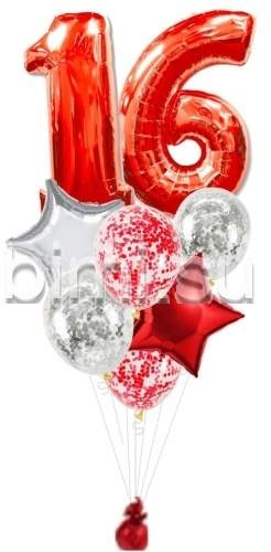 Фонтан из воздушных шаров с Красными цифрами и серебром