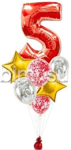 Фонтан из воздушных шаров с Красной цифрой, золотом и серебром