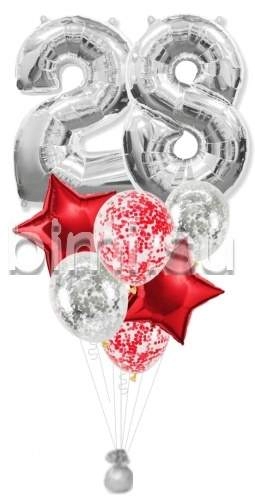 Фонтан из воздушных шаров с Серебряными цифрами и красным