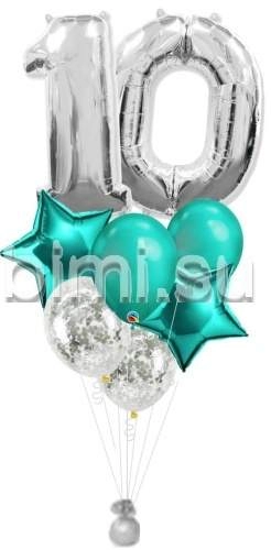 Фонтан из воздушных шаров с Серебряными цифрами и бирюзовым
