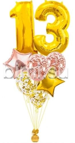 Фонтан из воздушных шаров с Золотыми цифрами и розовым золотом