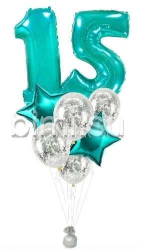 Фонтан из воздушных шаров с Бирюзовыми цифрами и серебром